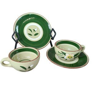 Svc for 2 Stangl Pottery Star Flower Tea Cups & Saucers Green MCM Red Clay B3